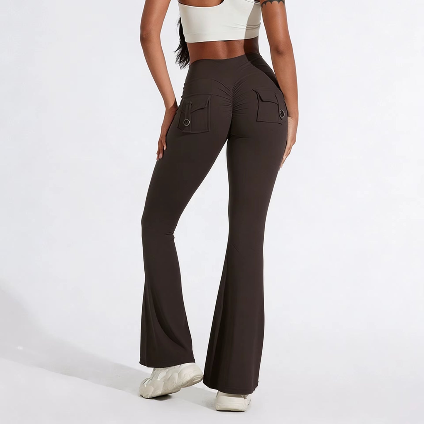 DIAS FIT JOY Women'S Pocket Bell Bottoms Yoga High Waisted Hip Lifting Fitness Pants Quick Drying Running Exercise Fitness Gym