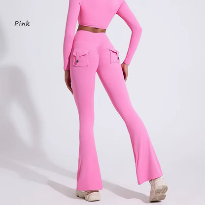 DIAS FIT JOY Women'S Pocket Bell Bottoms Yoga High Waisted Hip Lifting Fitness Pants Quick Drying Running Exercise Fitness Gym