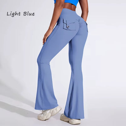 DIAS FIT JOY Women'S Pocket Bell Bottoms Yoga High Waisted Hip Lifting Fitness Pants Quick Drying Running Exercise Fitness Gym