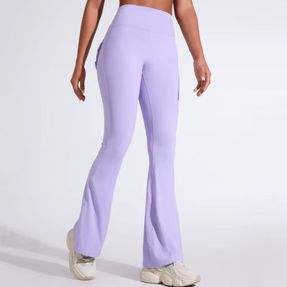 DIAS FIT JOY Women'S Pocket Bell Bottoms Yoga High Waisted Hip Lifting Fitness Pants Quick Drying Running Exercise Fitness Gym