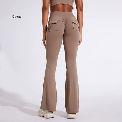 DIAS FIT JOY Women'S Pocket Bell Bottoms Yoga High Waisted Hip Lifting Fitness Pants Quick Drying Running Exercise Fitness Gym