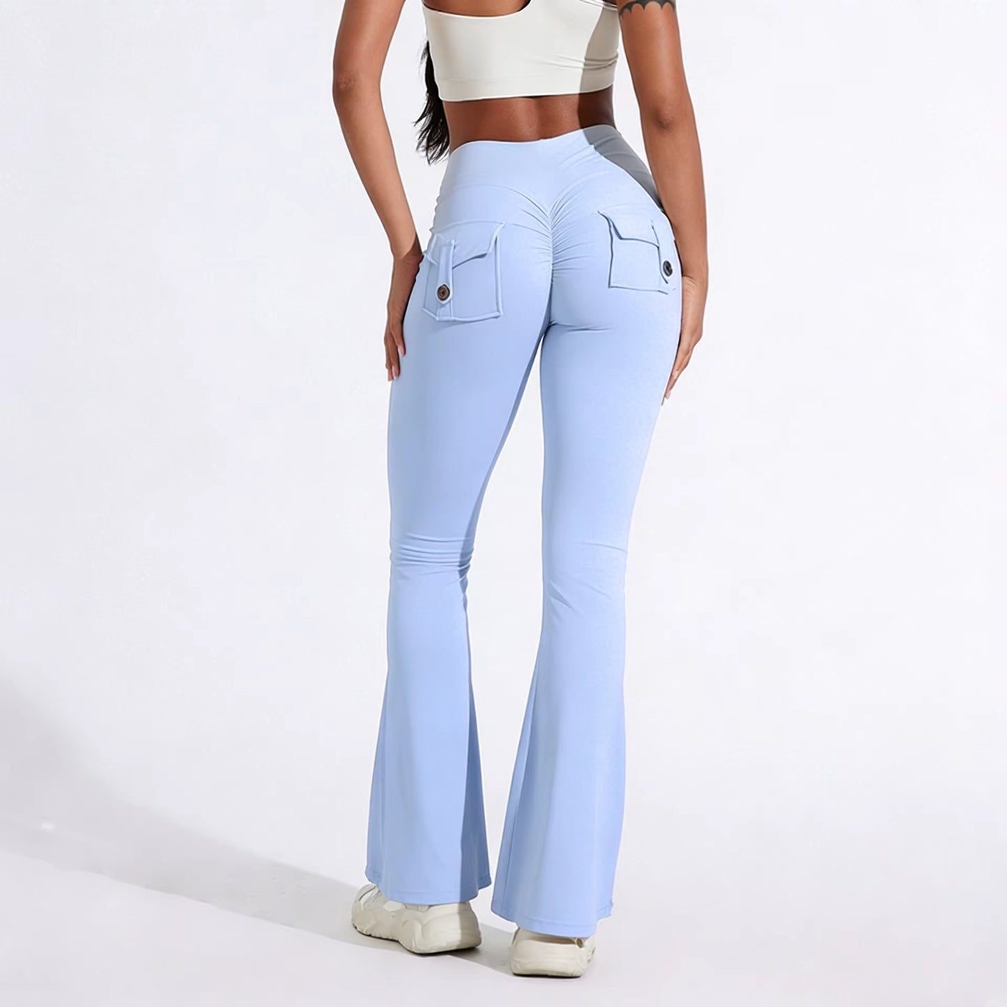 DIAS FIT JOY Women'S Pocket Bell Bottoms Yoga High Waisted Hip Lifting Fitness Pants Quick Drying Running Exercise Fitness Gym