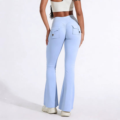 DIAS FIT JOY Women'S Pocket Bell Bottoms Yoga High Waisted Hip Lifting Fitness Pants Quick Drying Running Exercise Fitness Gym